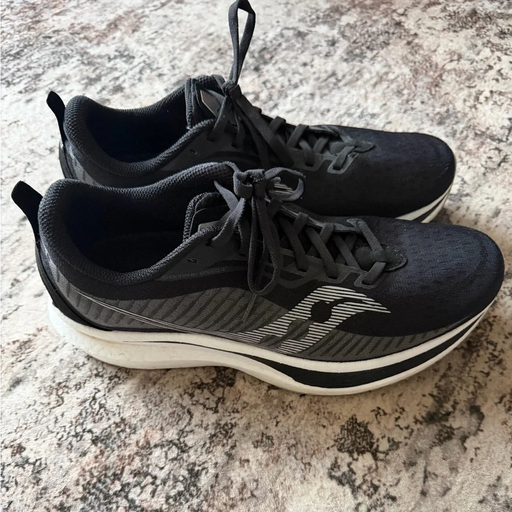 Saucony Endorphin Black Athletic Shoes with White Accents - Picture 1 of 4